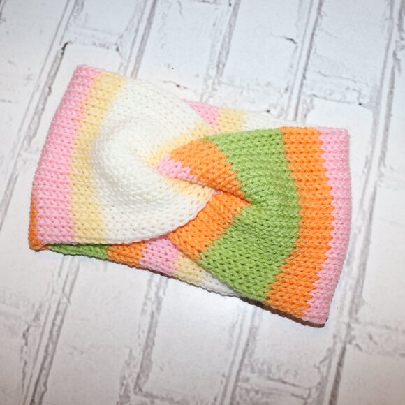 🧡💗💚 Twisted Knit Headband – Orange, Pink & Green · Handmade · One Size - Picture 3 of 4